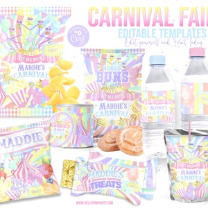 Karneval Kirmes-Geburtstags-Party-Bundle, druckbare Vorlage, Zirkus-Geburtstags-Chip-Tasche, Kinder Corjl bearbeitbare Etiketten, druckbare Gastgeschenke
