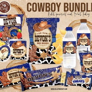 Cowboy Birthday Party Bundle Kit, Template Printable, Saddle Up Birthday chip bag, Cowboy Western Editable labels 1st Rodeo Party Printable