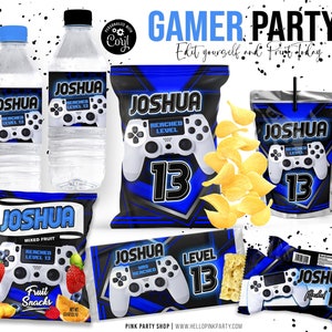 Gamer Birthday Party Bundle Kit, Template Printable, Gaming Birthday chip bag, Corjl Editable labels, printable wrapper, editable favors