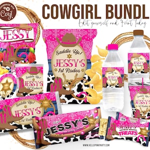 Editable Cowgirl Birthday Party Bundle Kit Template Printable Saddle Up Birthday chip bag Cowboy western Editable labels 1st Rodeo Party