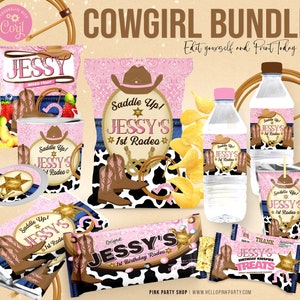 Cowgirl Birthday Party Bundle Kit, Template Printable, Saddle Up Birthday chip bag, Cowboy western Editable labels 1st Rodeo Party Printable