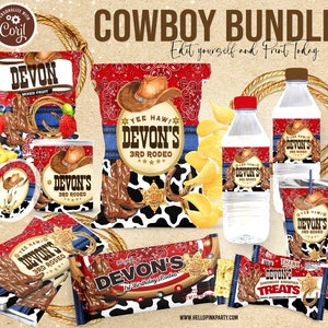 Kit per festa di compleanno da cowboy, modello stampabile, sacchetto di patatine Saddle Up Birthday, etichette modificabili da cowboy western, festa del primo rodeo stampabile