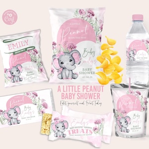 Paquete de obsequios para fiesta de baby shower con forma de elefante Plantillas editables Etiqueta de envoltorio de obsequios personalizada para baby shower Un poco de decoración de ducha con forma de maní BB364