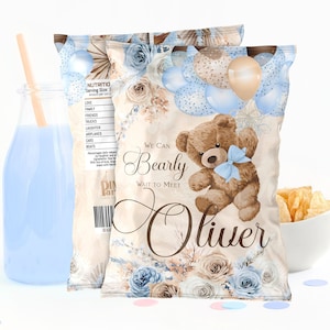 TEDDY BEAR BALLOONS chip bag, Modello stampabile, Sacchetto di patatine per baby shower, Orsacchiotto Borsa per patatine modificabile, Involucro di patate personalizzato, Etichette di Corjl