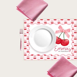 Cherry 1st Birthday Tischset: Pink Bow Party Decor Coquette (editierbare Vorlage) BP150