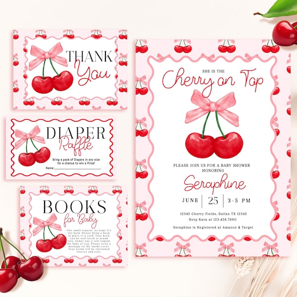 Editable Cherry Baby Shower Invitation Bundle Cherry on top Modern Baby Shower Invite Pink bow berries Minimal Girl Baby Shower BS220