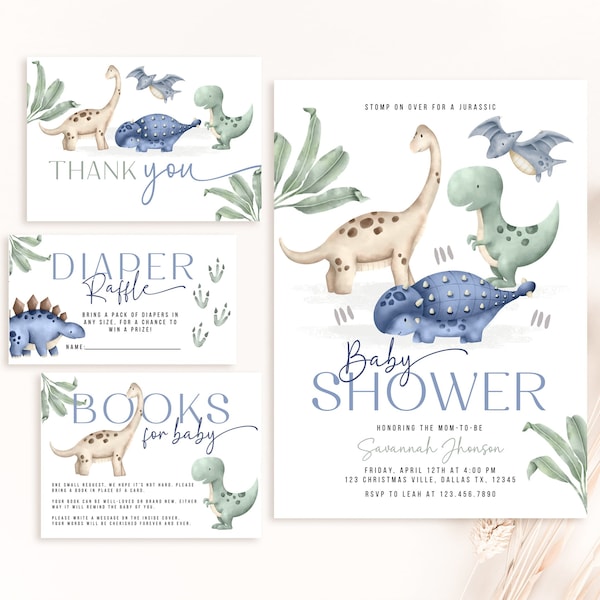 Editable Dinosaur Baby Shower Invitation Bundle Jurassic Dino Modern Baby Shower Invite Dusty Blue Sage Minimal Boy Baby Shower BS200