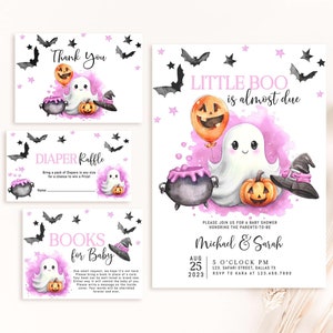 Editable Little Boo Pink Ghost Baby Shower Invitation Bundle: Halloween Theme (Digital Download) LBS6