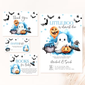 Bewerkbare blauwe A Little Boo babyshower uitnodigingsbundel, jongen Halloween babyshower uitnodigen, Ghost Halloween babyshower uitnodigen LBS1