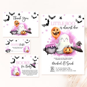 Editable Pink A Little Boo Baby Shower Invitation Bundle, Girl Halloween Baby Shower Invite, Ghost Halloween Baby Shower Invite LBS2