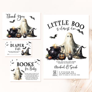 Edytowalny pakiet zaproszeń na baby shower A Little Boo, neutralne pod względem płci zaproszenie na halloweenowe baby shower, zaproszenie na halloweenowe baby shower z duchami LBS4