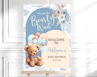 Editable We Can Bearly Wait Baby Shower Welcome Sign, It's a Boy Bear Balloon Baby Shower Poster, Boho Bear Baby Shower Decor BBT2