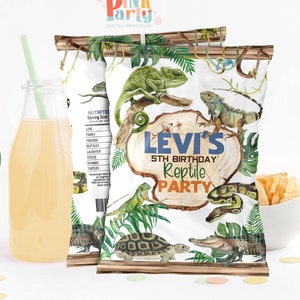May include: Chip bag party favor with a white background and a jungle theme. The bag features a green chameleon, a brown iguana, a green snake, a brown turtle, and an alligator. The text on the bag reads "Levi's 5th Birthday Reptile Party".