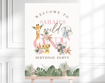 Girl Wild One Safari Birthday Welcome Sign Jungle Animals Party Entrance Board 1st Birthday Editable Template INSTANT DOWNLOAD WILD005
