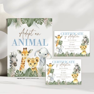サファリ動物の養子縁組サインと証明書ジャングル誕生日パーティーぬいぐるみ動物の養子縁組ワイルドバースデー印刷可能即時ダウンロードWILD006