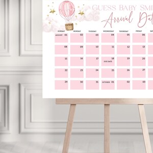 Heißluftballon-Babyparty Fälligkeitsdatum Kalender Bearbeitbare Vorlage Up and Away Baby Shower Poster Adventure Begin Errate das Fälligkeitsdatum Spiel BS370