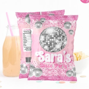 Disco Ball Birthday Party chip bag, Template Printable, Disco Girl chip bag, Pink Disco ball Editable chip bag, Custom corjl template