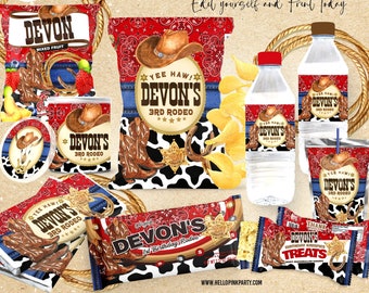 Cowboy Birthday Party Bundle Kit, Template Printable, Saddle Up Birthday chip bag, Cowboy western Editable labels 1st Rodeo Party Printable