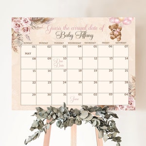 Baby Due Date Kalender Babyvorhersage Spiel rosa Boho Bear Baby Shower Guess Babys Fälligkeitstermin Wir können Bearly warten Mädchen Baby Shower TB11