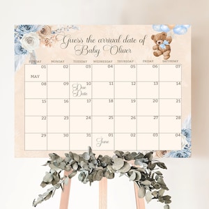 Baby-Fälligkeitsdatumskalender Babyvorhersagespiel Blau Boho Bear-Babyparty Errate des Babys Fälligkeitstermin Wir können Bären warten Mädchen-Babyparty TB12