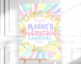 FUN FAIR CARNIVAL Birthday Printable Welcome sign Template Design, Carnival pastel colors Birthday Board Sign, Editable Sign template Decor