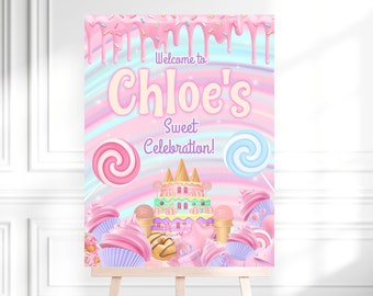 Candyland Birthday Welcome sign Editable template Candy Theme Entrance Board Sweets Editable welcome board decoration Donut Candy sweets