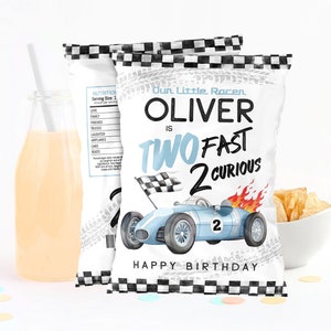 Editable Race Car Chip Bag Boy Racing Party favor Two Fast 2 Curious Birthday Party Decor 2nd Birthday Blue Car Digital Corjl Template TF001
