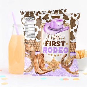 Cowgirl Birthday chip bag Editable Template Printable 1st Rodeo favor wrapper Western Cow Birthday decoration Custom chips label