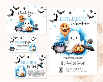 Editable Blue A Little Boo Baby Shower Invitation Bundle, Boy Halloween Baby Shower Invite, Ghost Halloween Baby Shower Invite LBS1