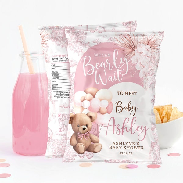 Bear Chip Bag Wrapper Pink Bear Editable Chips Custom ours sac modifiable pour baby shower Boho Girl douche décoration ours ballons sac cadeau