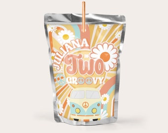 Two Groovy Birthday Juice Pouch Label: Retro Hippie Editable Template (Printable)