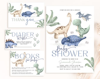 Editable Dinosaur Baby Shower Invitation Bundle Jurassic Dino Modern Baby Shower Invite Dusty Blue Sage Minimal Boy Baby Shower BS200