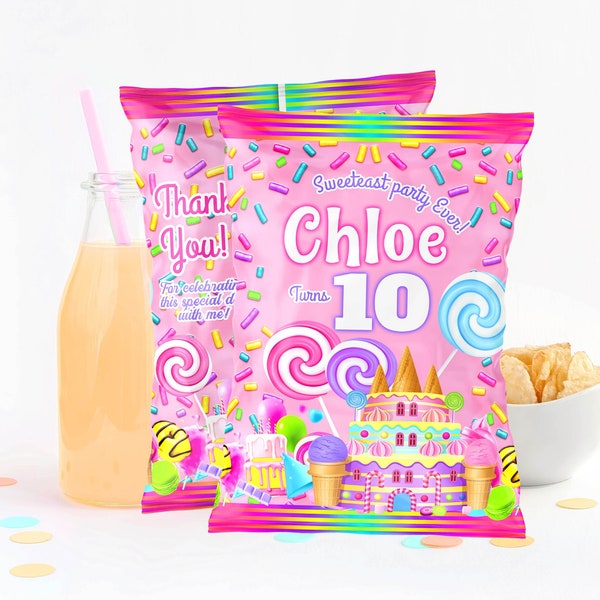 Candyland Birthday chip bag wrapper editable Template Candy Party Printable Donut Cupcake Birthday chip bag Potatoes bag label chips wrapper