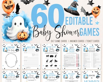 Puede incluir: Un conjunto de 60 tarjetas de juego de baby shower imprimibles con temática de Halloween. Las tarjetas presentan un fantasma, un caldero, murciélagos y estrellas en azul y negro. Las tarjetas son editables e incluyen instrucciones para jugar a los juegos.