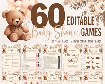 Può includere: 60 schede di gioco per baby shower stampabili con una simpatica illustrazione di un orsacchiotto. Le schede sono in una tavolozza di colori neutri di marrone, beige e bianco con accenti floreali. I titoli dei giochi includono "Il prezzo è giusto", "Tratti del bambino", "Più o meno", "Quanto è grande la pancia della mamma", "Gravidanza animale", "Disegna il bambino", "Tette in un sedere di bambino", "Corsa di nomi di bambino", "Bingo dei regali per baby shower" e "Nomi di bambini famosi".