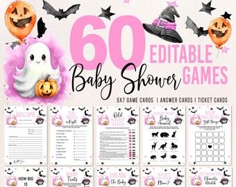 May include: A set of 60 printable Halloween-themed baby shower game cards. The cards feature a pink and black color scheme with a ghost and cauldron design. The text on the cards includes "60 Editable Baby Shower Games", "5x7 Game Cards | Answer Cards | Ticket Cards", "Recipe", "The Price is Right", "Old Wives Tales", "Name That Baby Animal", "Baby Shower Gift Bingo", "How Big is Mommy's Belly?", "Baby Traits", "Draw The Baby", "What's on Your Phone?", and "Storybook Character Match".