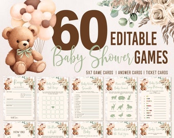 May include: A collection of 60 editable baby shower games. The design features a teddy bear, balloons, and floral accents. Game cards include a recipe card, bingo, word scramble, animal identification, emoji pictionary, and more. The text reads "Baby Shower Games".