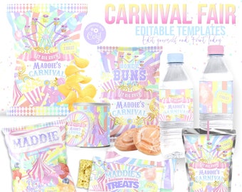 Carnival Fun fair Birthday Party Bundle, Template Printable, Circus Birthday chip bag, kids Corjl Editable labels, Printable party favors