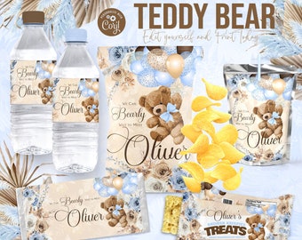 TEDDY BEAR Balloons Party Bundle Kit, Template Printable, Teddy Bear baby shower Birthday chip bag, Bear Editable labels, Teddy Bear floral