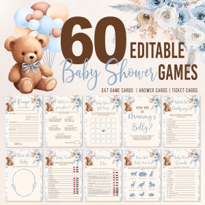 Editable Brown Bear Balloon Baby Shower Game Bundle, We Can Bearly Wait Baby Shower Game Pack blue Boho Bear Boy Baby Shower Games BBT2