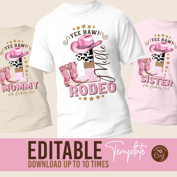 Cowgirl Birthday Party t-shirt design editable Template 1st Rodeo t-shirt, Western Cowboy Editable dtf sublimation design t-shirt design