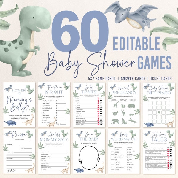 Editable Dinosaur Baby Shower Game Bundle Jurassic dinosaur Baby Shower Game Pack Modern Minimal  Baby Shower Games Dusty Blue shower BS200