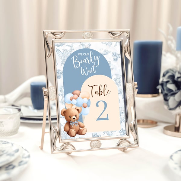 Bear Table Number printable Blue bear editable table sign for baby shower custom number card for table Boho baby shower Boy baby shower BBT2