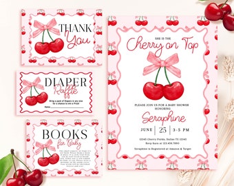 Editable Cherry Baby Shower Invitation Bundle Cherry on top Modern Baby Shower Invite Pink bow berries Minimal Girl Baby Shower BS220