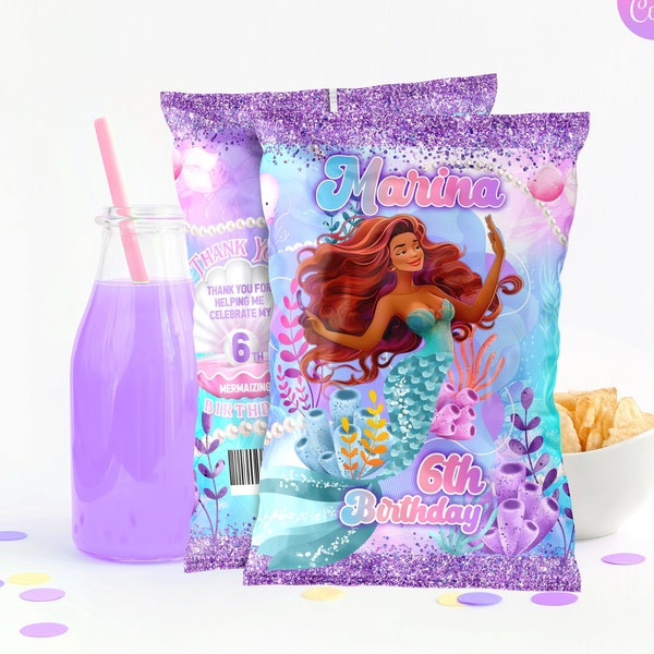 Mermaid Birthday chip bag, Template Printable, Little mermaid Birthday chip bag, Editable favors, Chip bag template, Potatoes wrapper label