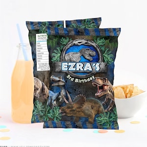 Szablon opakowania na chipsy z motywem dinozaura Urodziny Wydrukuj jurajską torbę na chipsy Edytowalne chipsy Szablon opakowania na chipsy z motywem dinozaura Urodziny Opakowanie na ziemniaki JB1