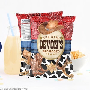 Cowboy Birthday Party Chip Tasche Editierbare Vorlage Druckbare 1st Rodeo Chip Tasche Western Cowboy Favor Wrapper Potatoes Custom Label