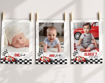 Printable Editable Race Car Photo Banner Template, two Fast one Race Car Year Monthly Photo Vintage Race Car 1st Birthday