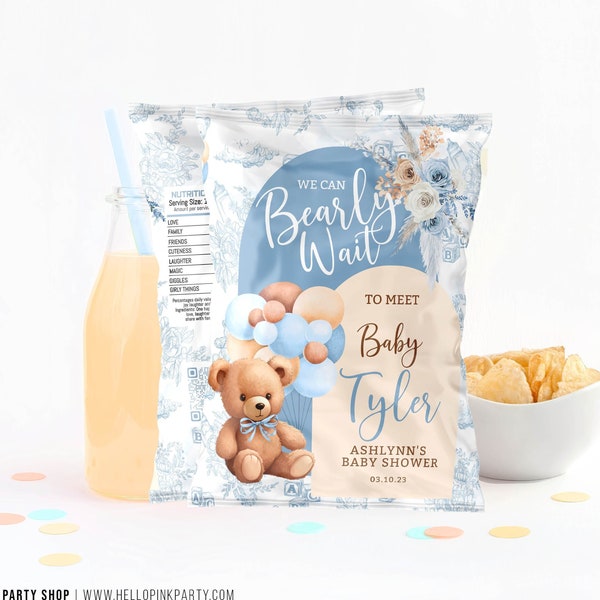 Bear Chip Bag Wrapper Blue Bear Editable Chips Custom bear editable bag for baby shower Boho Boy shower decoration bear balloons BBT2