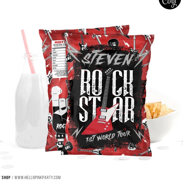 ROCK N ROLL Birthday Party chip bag, Template Printable, Rock Party chip bag, Guitar Rocker Editable chip bag, Custom Potatoes, Corjl Labels